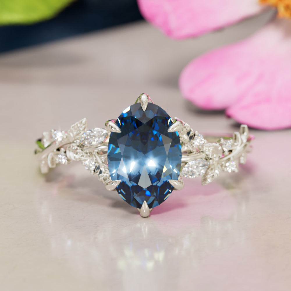 Rosewood Oval Blue Sapphire Engagement Flower Ring Nature Inspired By Valley Rose