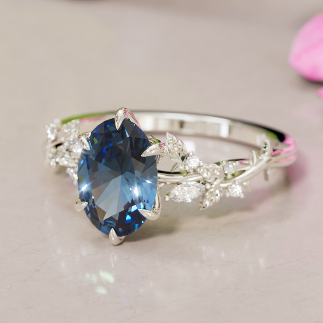 Rosewood Oval Blue Sapphire Engagement Flower Ring Nature Inspired By Valley Rose