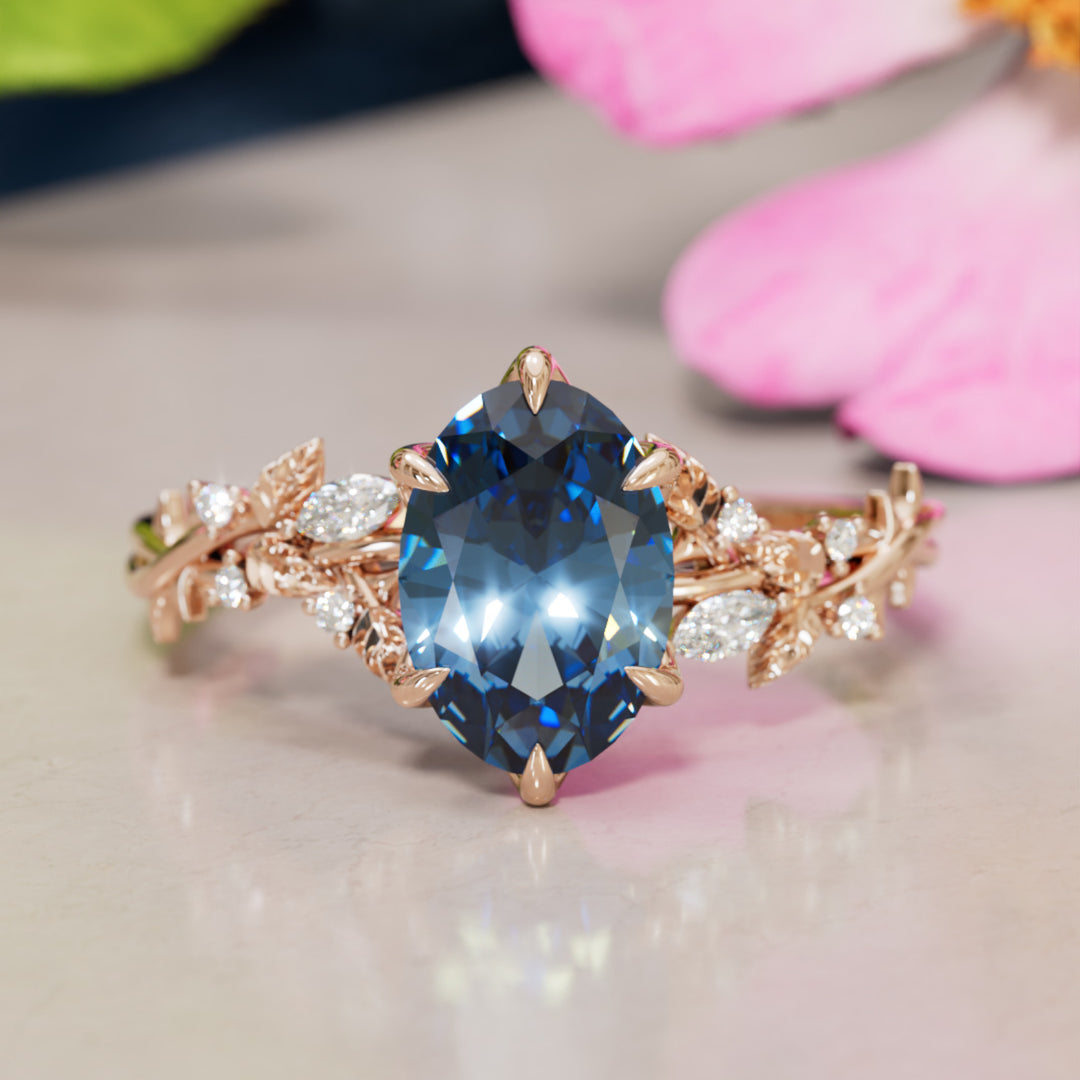 Rosewood Oval Blue Sapphire Engagement Flower Ring Nature Inspired By Valley Rose