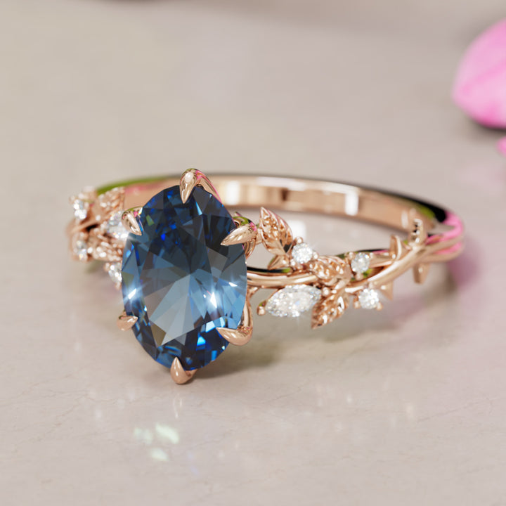 Rosewood Oval Blue Sapphire Engagement Flower Ring Nature Inspired By Valley Rose