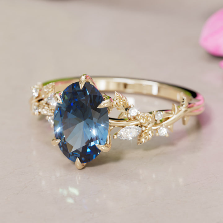 Rosewood Oval Blue Sapphire Engagement Flower Ring Nature Inspired By Valley Rose