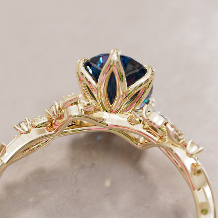 Rosewood Oval Blue Sapphire Engagement Flower Ring Nature Inspired By Valley Rose