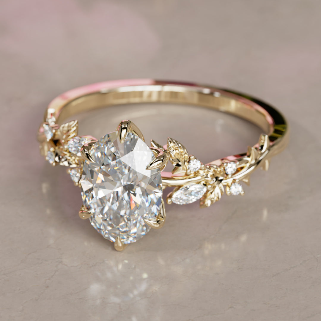 Rosewood Oval Diamond Engagement Flower Ring Nature Inspired By Valley Rose