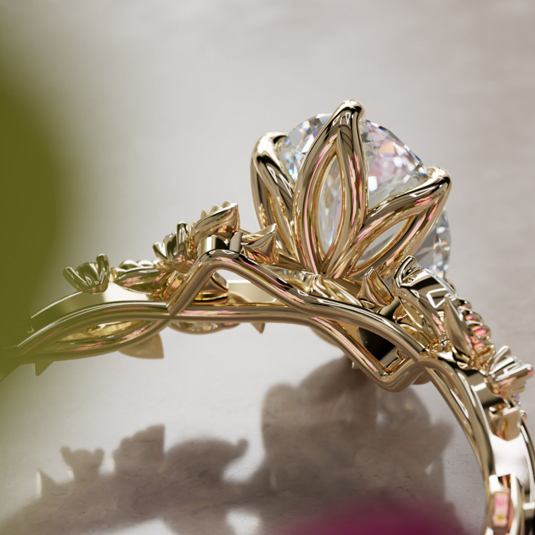 Rosewood Oval Diamond Engagement Flower Ring Nature Inspired By Valley Rose