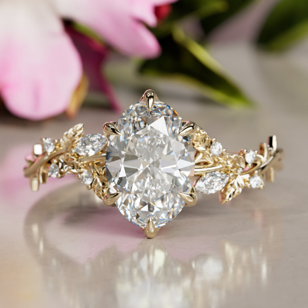 Rosewood Oval Diamond Engagement Flower Ring Nature Inspired By Valley Rose