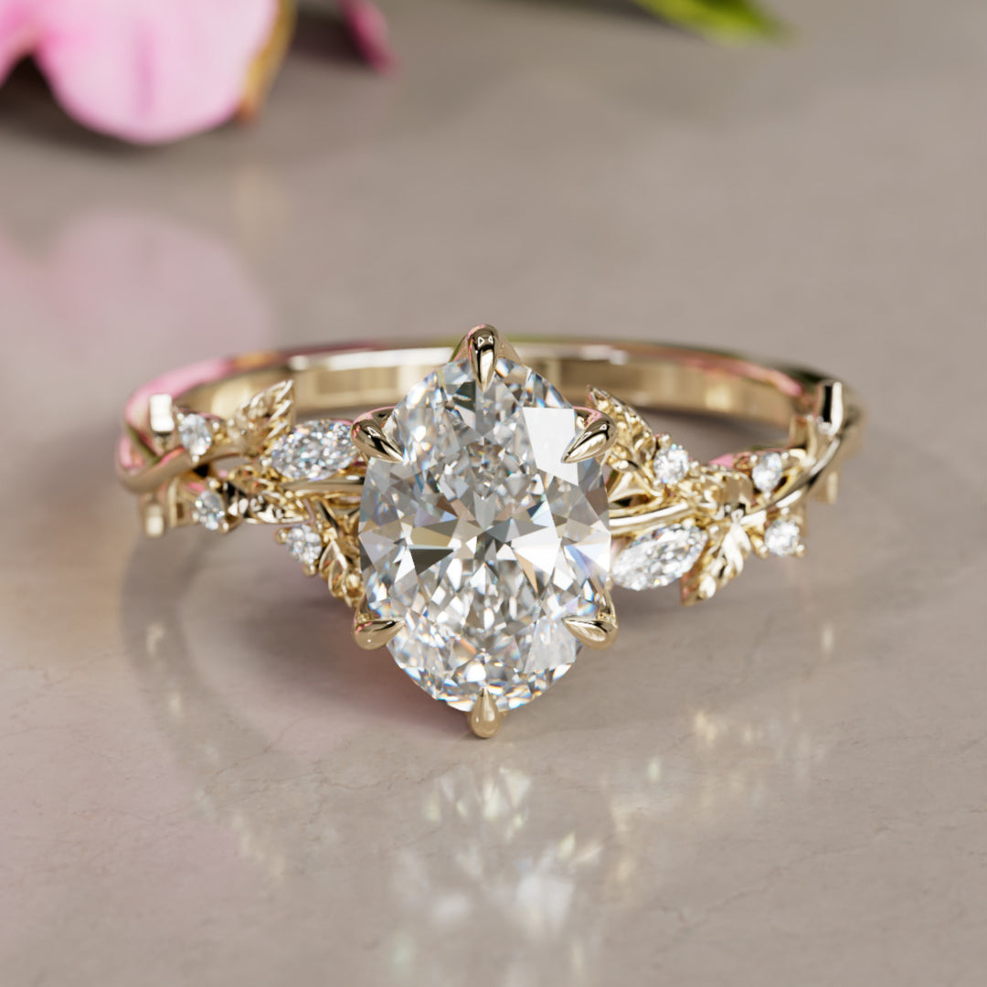 Rosewood Oval Diamond Engagement Flower Ring Nature Inspired By Valley Rose