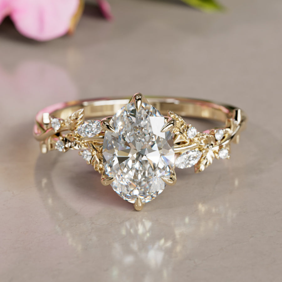 Rosewood Oval Diamond Engagement Flower Ring Nature Inspired By Valley Rose