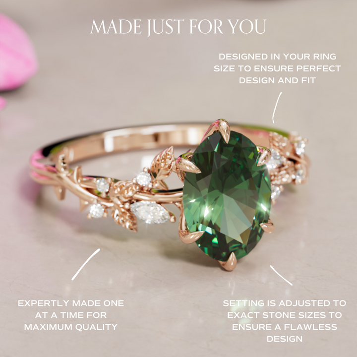 Rosewood Oval Green Sapphire Engagement Flower Ring Nature Inspired By Valley Rose