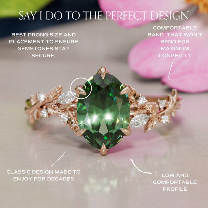Rosewood Oval Green Sapphire Engagement Flower Ring Nature Inspired By Valley Rose