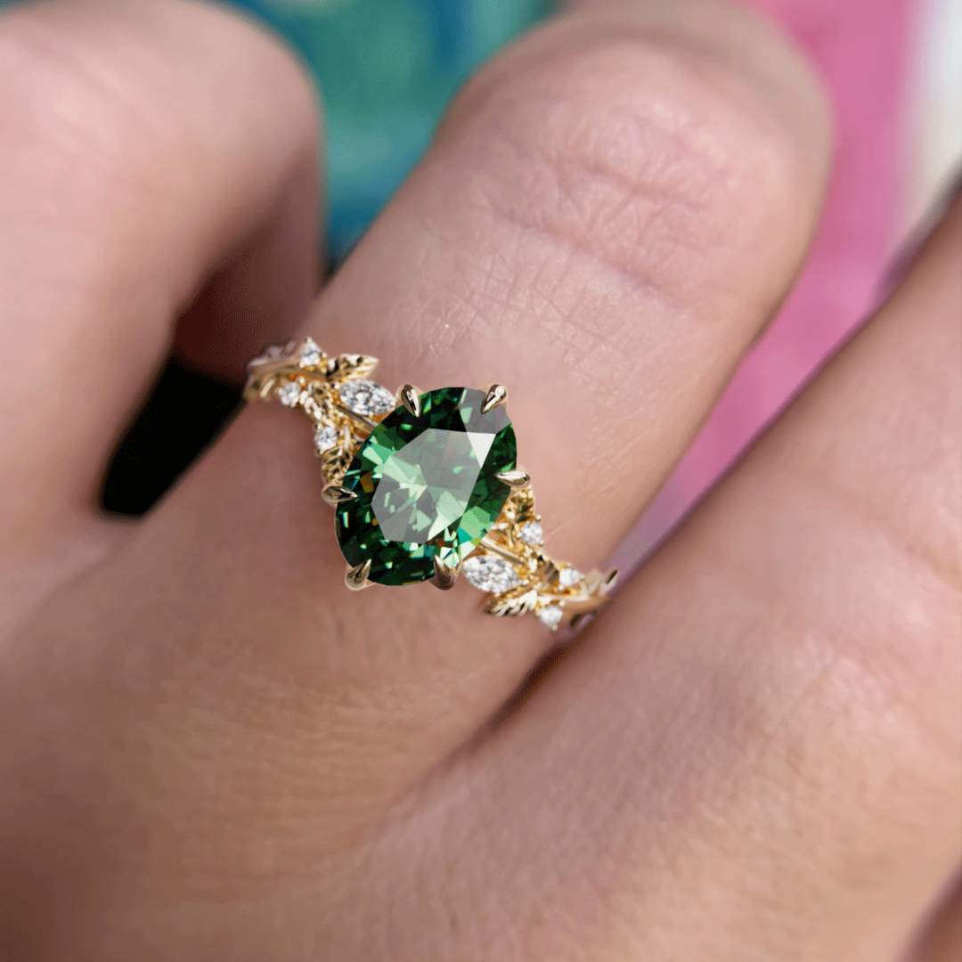 Rosewood Oval Green Sapphire Engagement Flower Ring Nature Inspired By Valley Rose