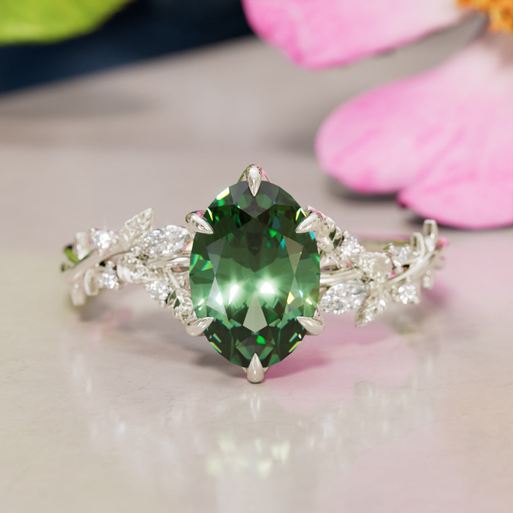 Rosewood Oval Green Sapphire Engagement Flower Ring Nature Inspired By Valley Rose