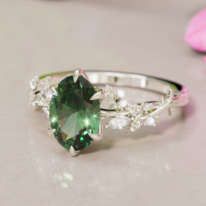 Rosewood Oval Green Sapphire Engagement Flower Ring Nature Inspired By Valley Rose