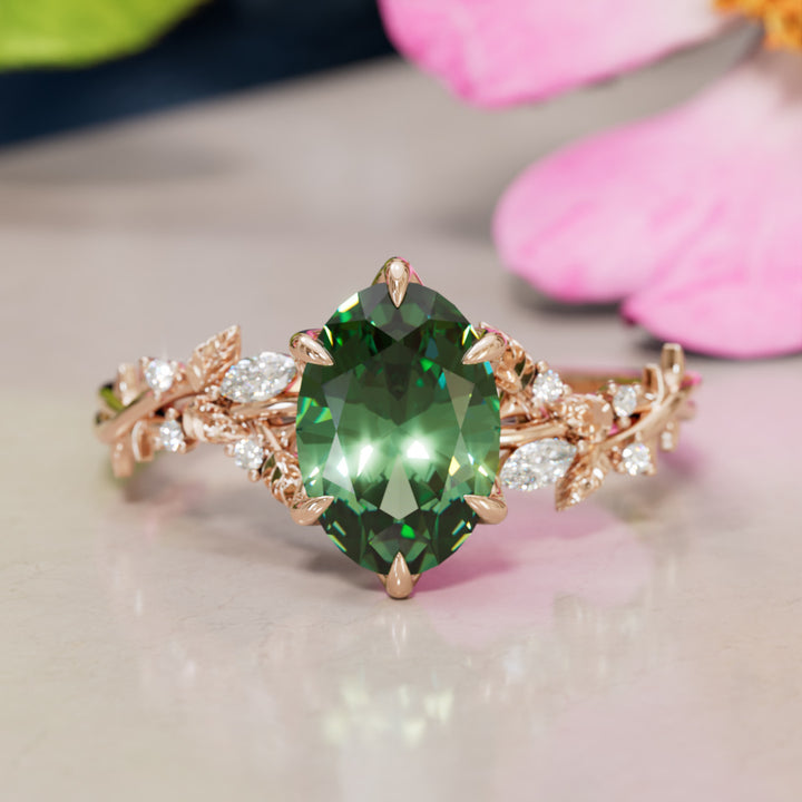 Rosewood Oval Green Sapphire Engagement Flower Ring Nature Inspired By Valley Rose