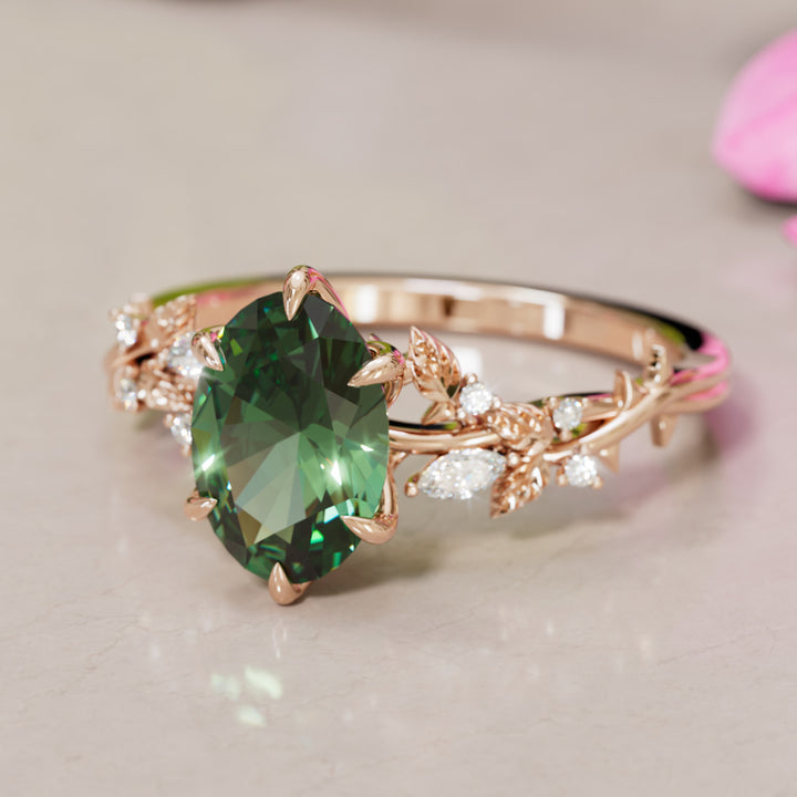 Rosewood Oval Green Sapphire Engagement Flower Ring Nature Inspired By Valley Rose