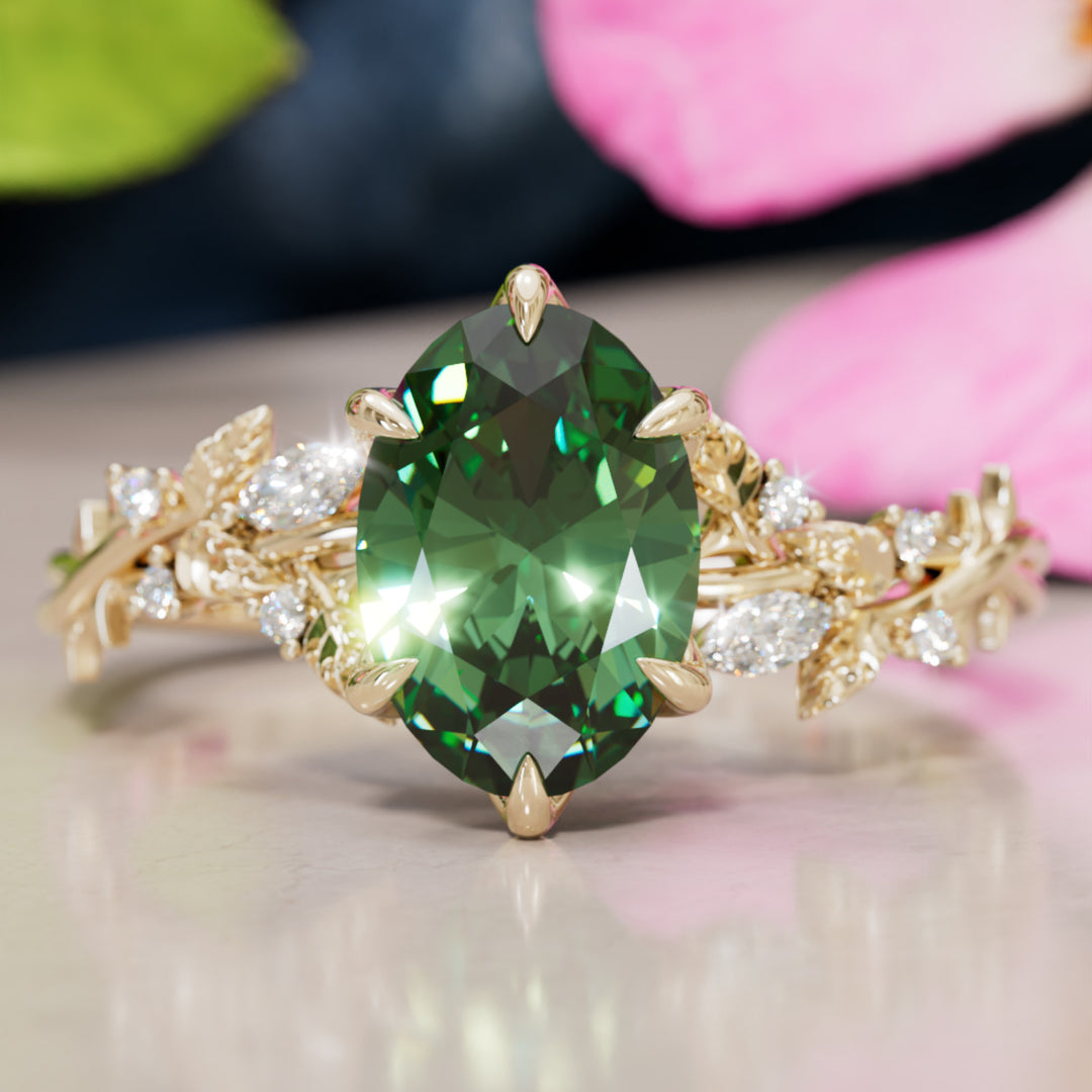 Rosewood Oval Green Sapphire Engagement Flower Ring Nature Inspired By Valley Rose