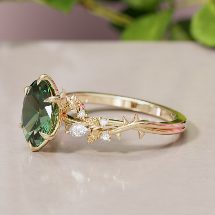 Rosewood Oval Green Sapphire Engagement Flower Ring Nature Inspired By Valley Rose