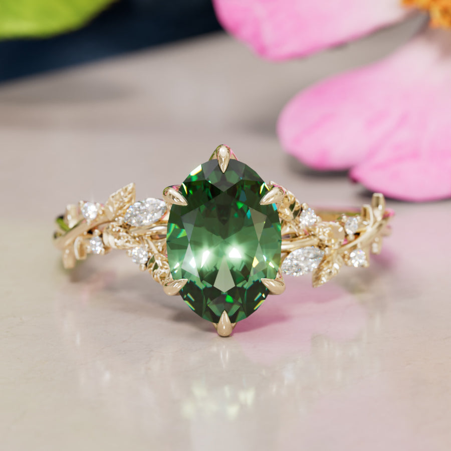 Rosewood Oval Green Sapphire Engagement Flower Ring Nature Inspired By Valley Rose