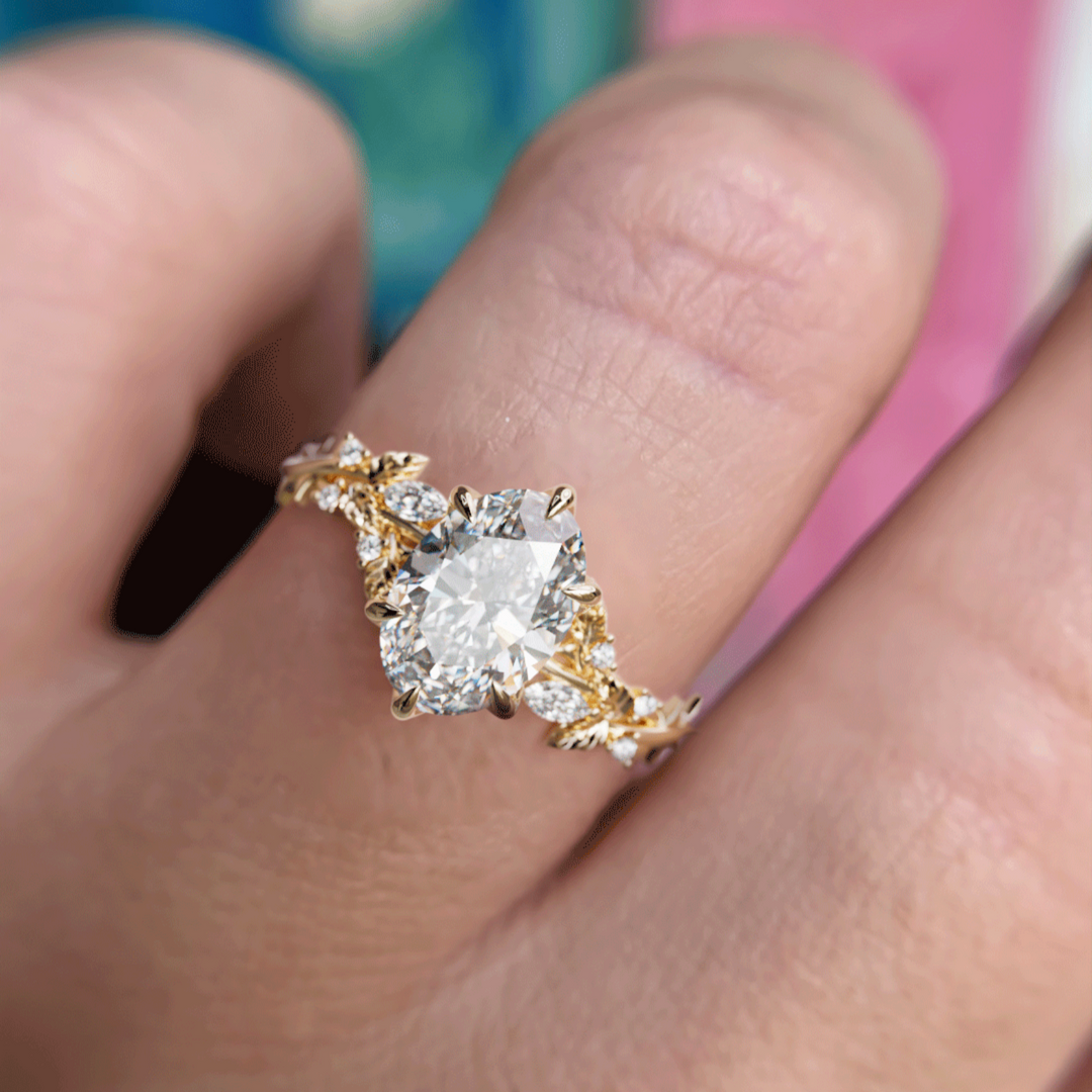 Rosewood Oval Lab Diamond Engagement Flower Ring Nature Inspired By Valley Rose