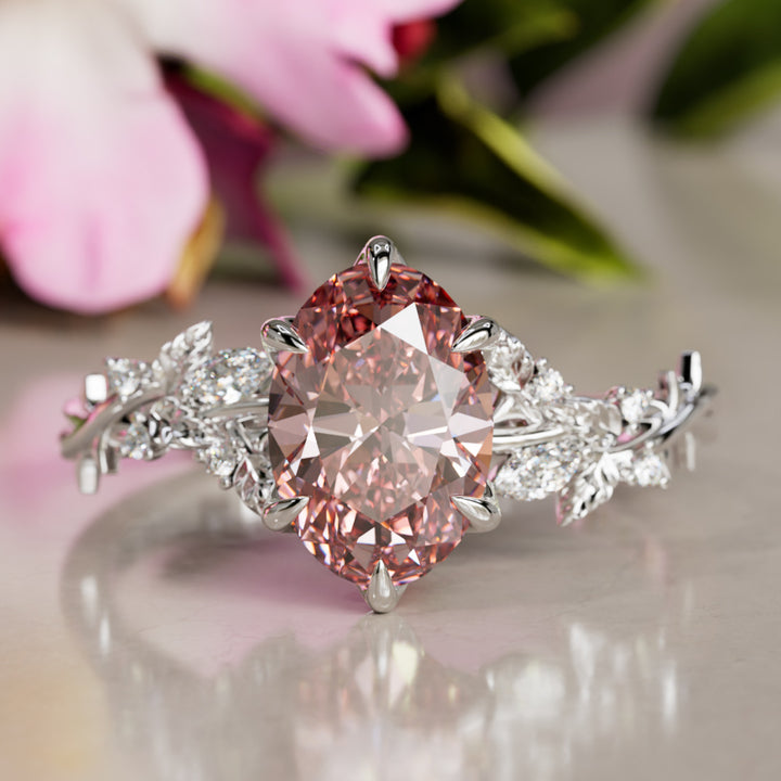 Rosewood Oval Pink Diamond Engagement Flower Ring Nature Inspired By Valley Rose