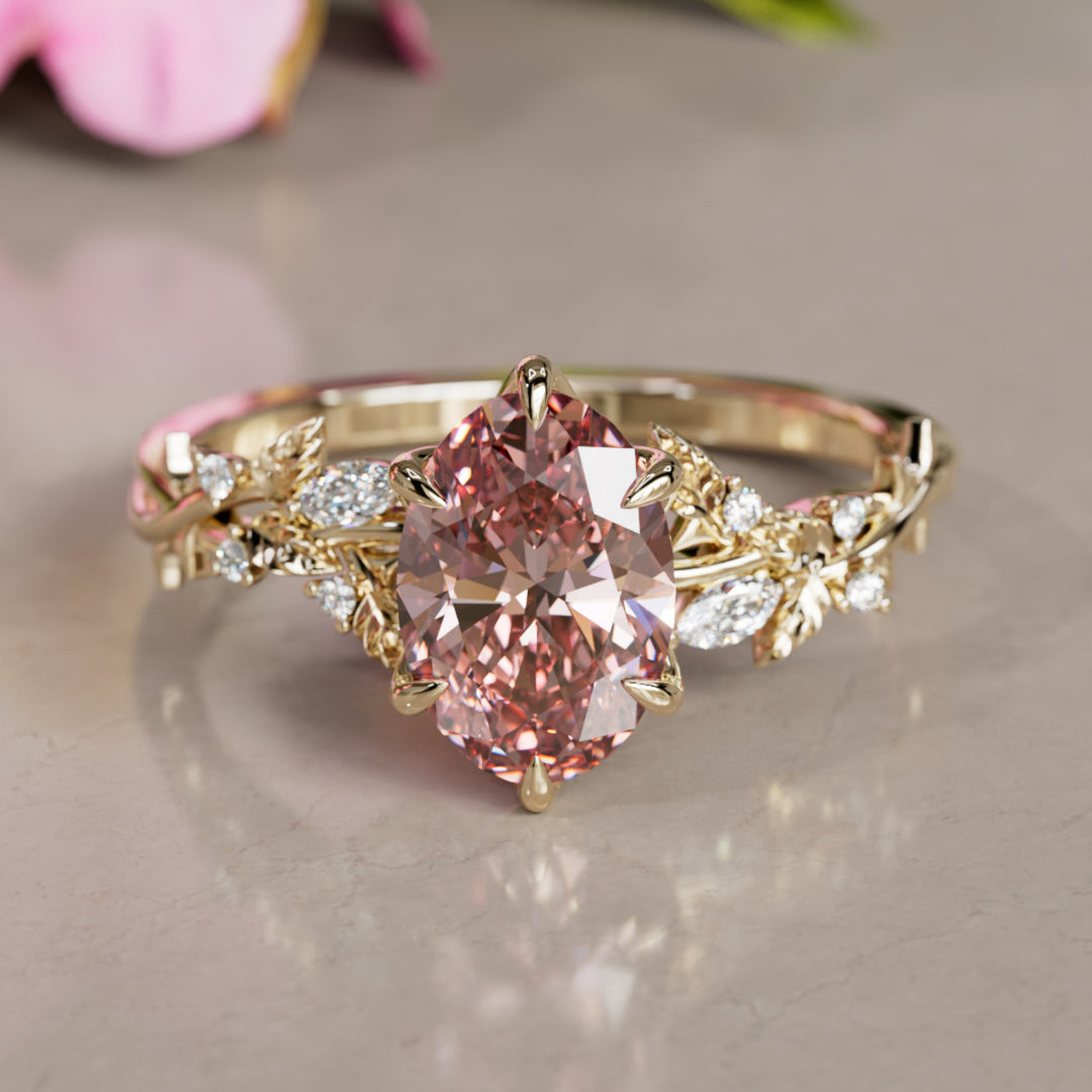 Rosewood Oval Pink Diamond Engagement Flower Ring Nature Inspired By Valley Rose