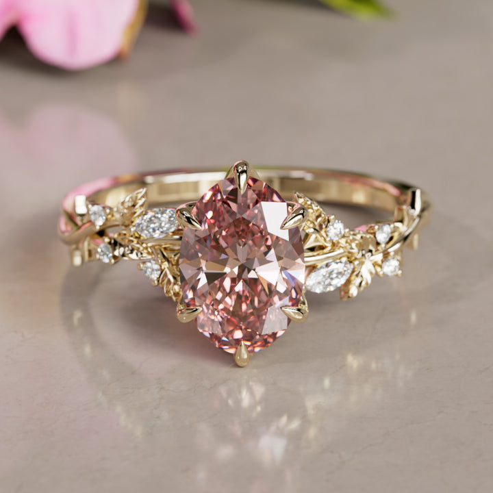 Rosewood Oval Pink Diamond Engagement Flower Ring Nature Inspired By Valley Rose
