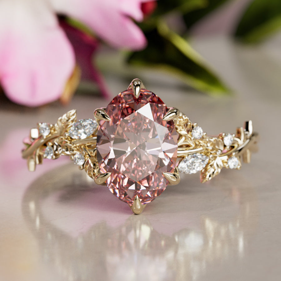 Rosewood Oval Pink Lab Diamond Engagement Flower Ring Nature Inspired By Valley Rose