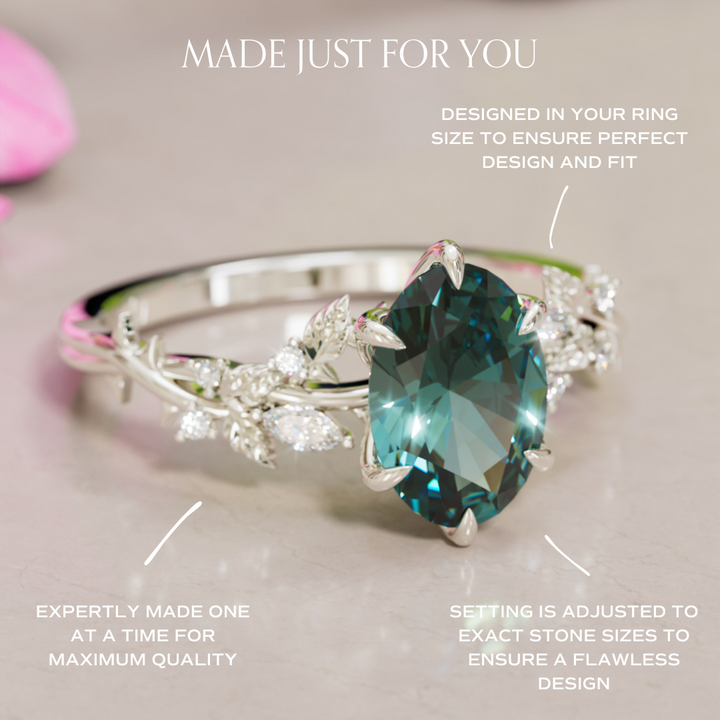Rosewood Oval Teal Sapphire Engagement Flower Ring Nature Inspired By Valley Rose
