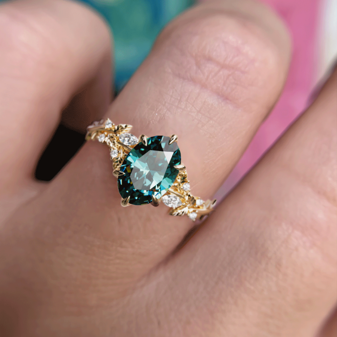 Rosewood Oval Teal Sapphire Engagement Flower Ring Nature Inspired By Valley Rose
