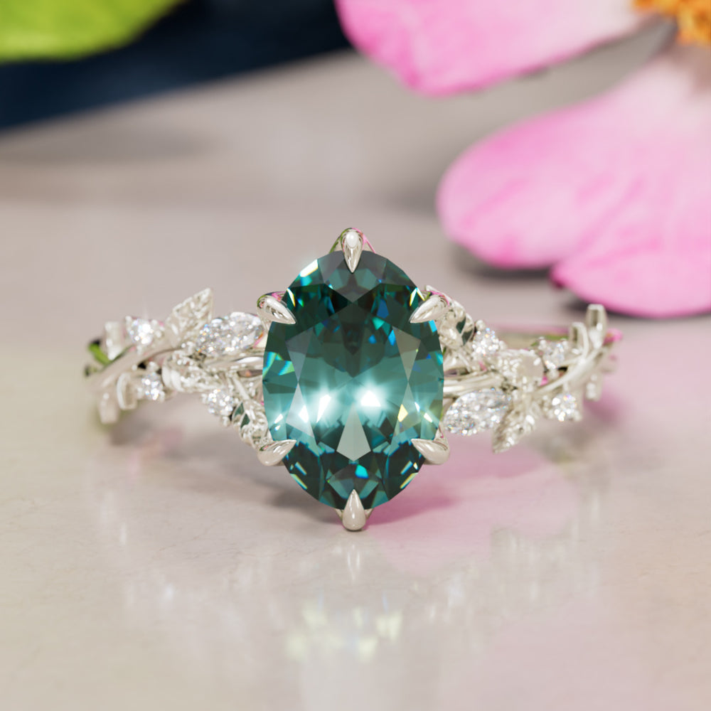 Rosewood Oval Teal Sapphire Engagement Flower Ring Nature Inspired By Valley Rose