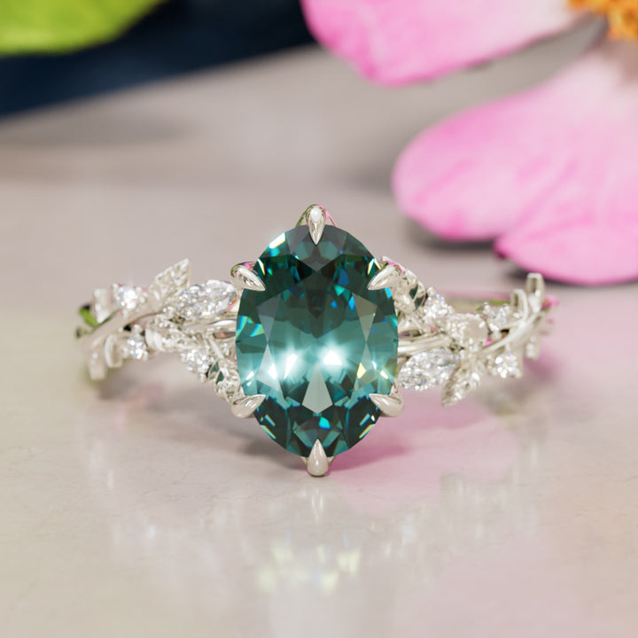 Rosewood Oval Teal Sapphire Engagement Flower Ring Nature Inspired By Valley Rose