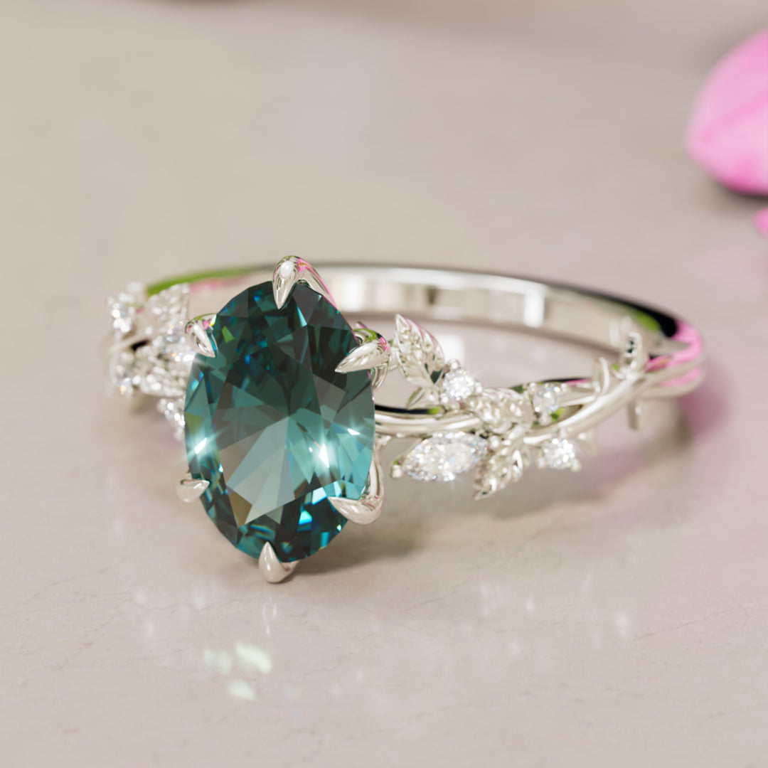 Rosewood Oval Teal Sapphire Engagement Flower Ring Nature Inspired By Valley Rose