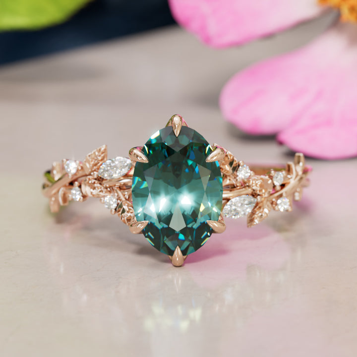 Rosewood Oval Teal Sapphire Engagement Flower Ring Nature Inspired By Valley Rose