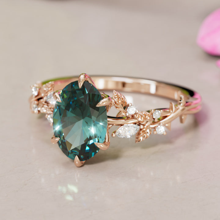 Rosewood Oval Teal Sapphire Engagement Flower Ring Nature Inspired By Valley Rose