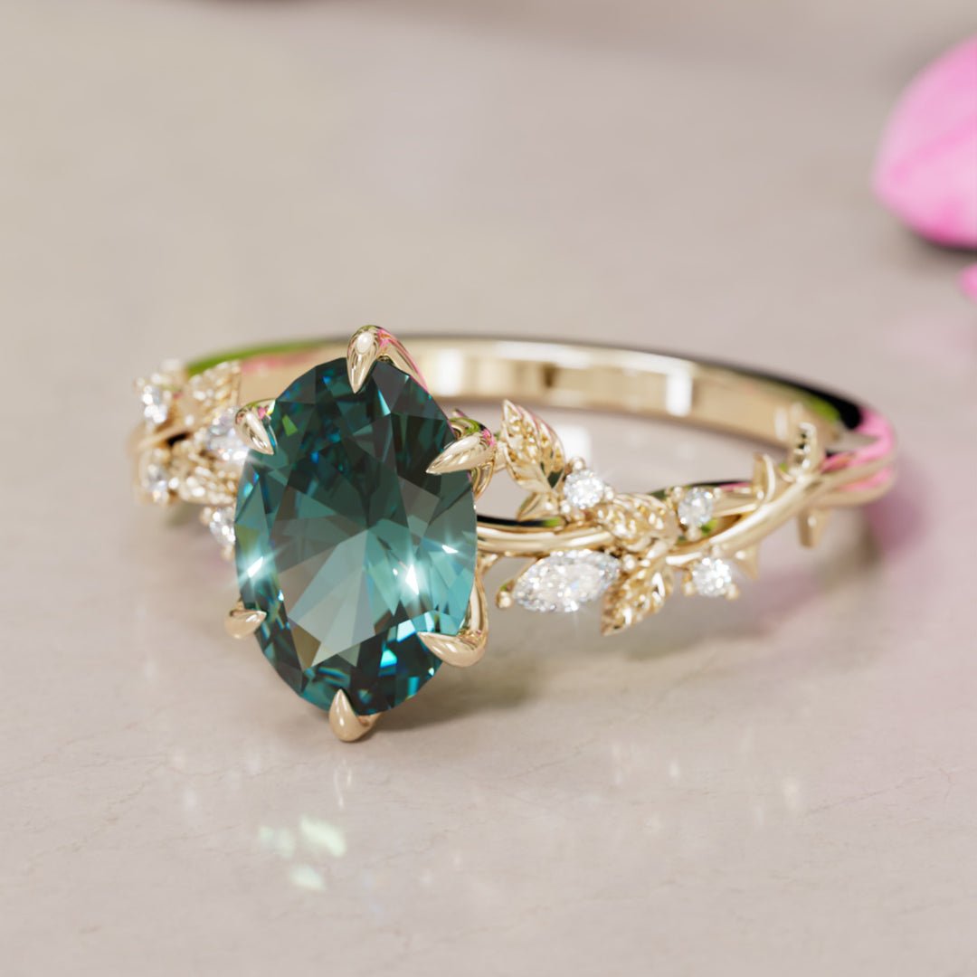 Rosewood Oval Teal Sapphire Engagement Flower Ring Nature Inspired By Valley Rose