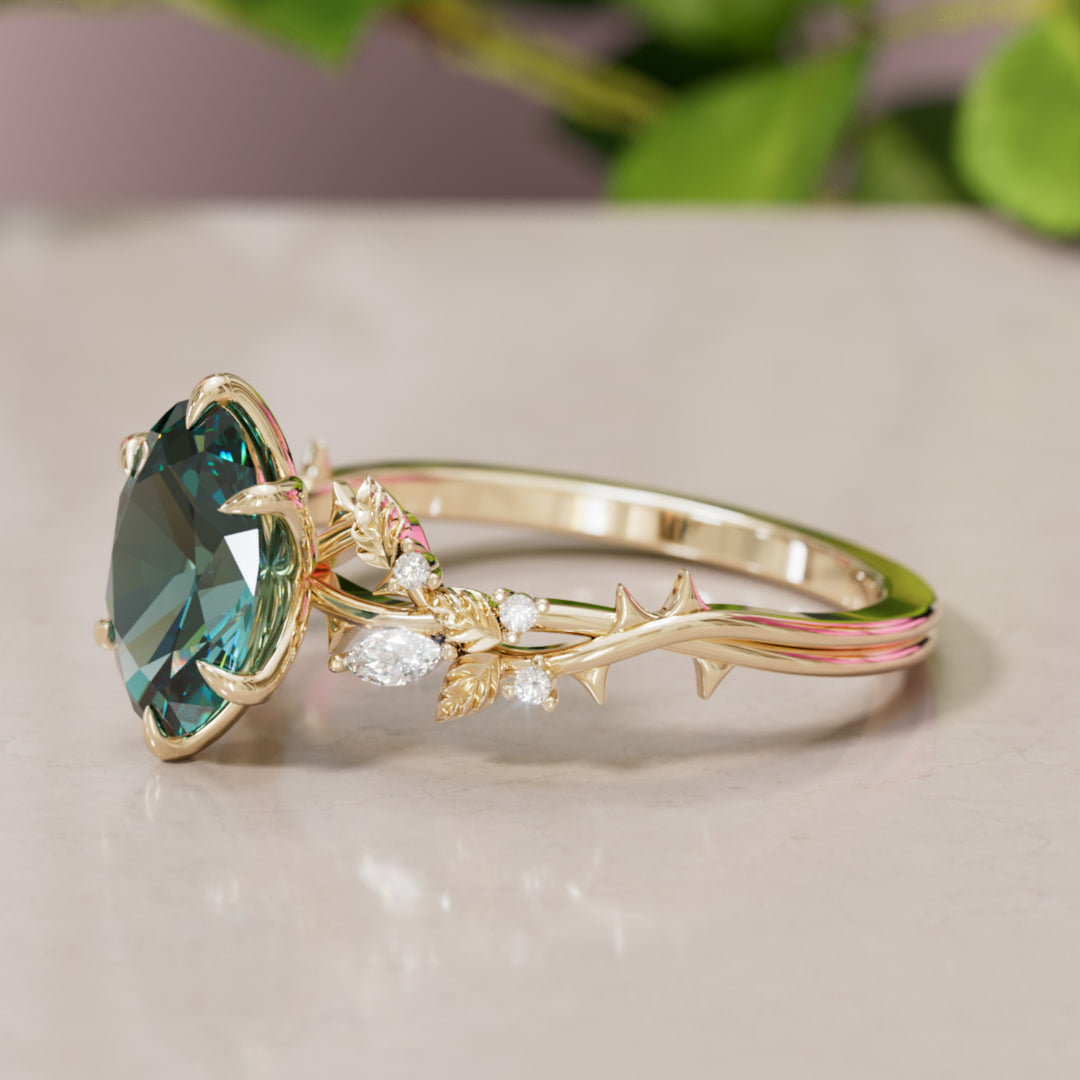 Rosewood Oval Teal Sapphire Engagement Flower Ring Nature Inspired By Valley Rose