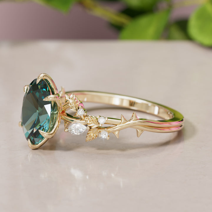 Rosewood Oval Teal Sapphire Engagement Flower Ring Nature Inspired By Valley Rose