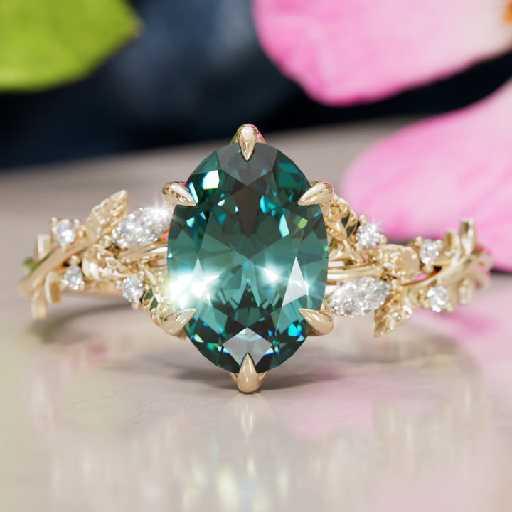Rosewood Oval Teal Sapphire Engagement Flower Ring Nature Inspired By Valley Rose