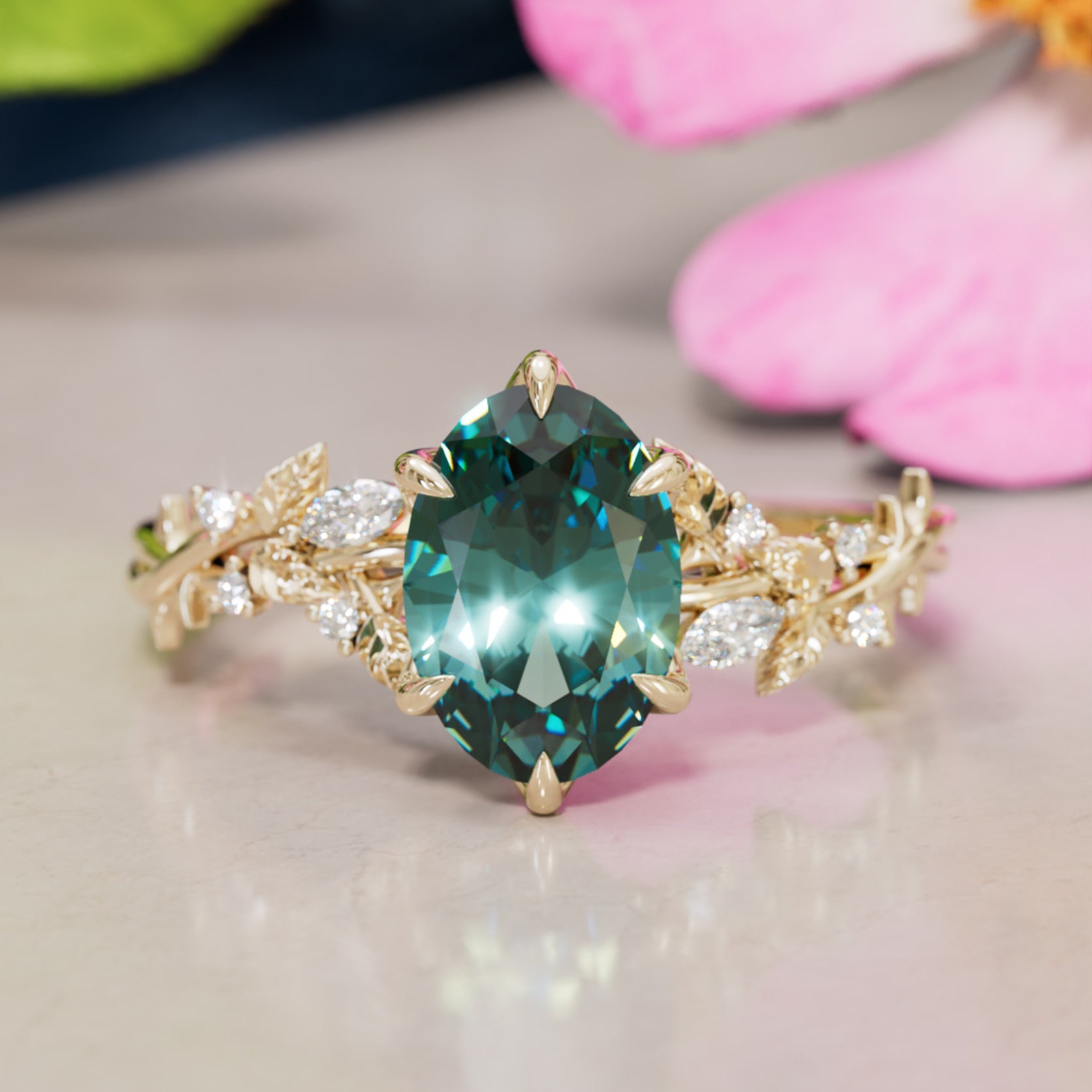 Rosewood Oval Teal Sapphire Engagement Flower Ring Nature Inspired