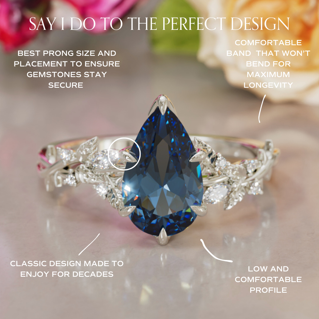 Rosewood Pear Blue Sapphire Engagement Flower Ring Nature Inspired By Valley Rose
