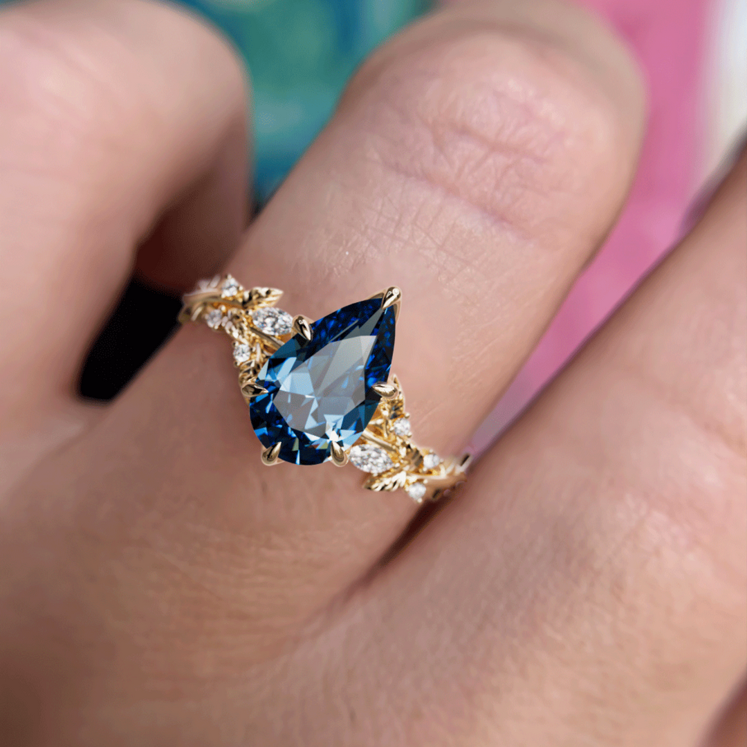 Rosewood Pear Blue Sapphire Engagement Flower Ring Nature Inspired By Valley Rose
