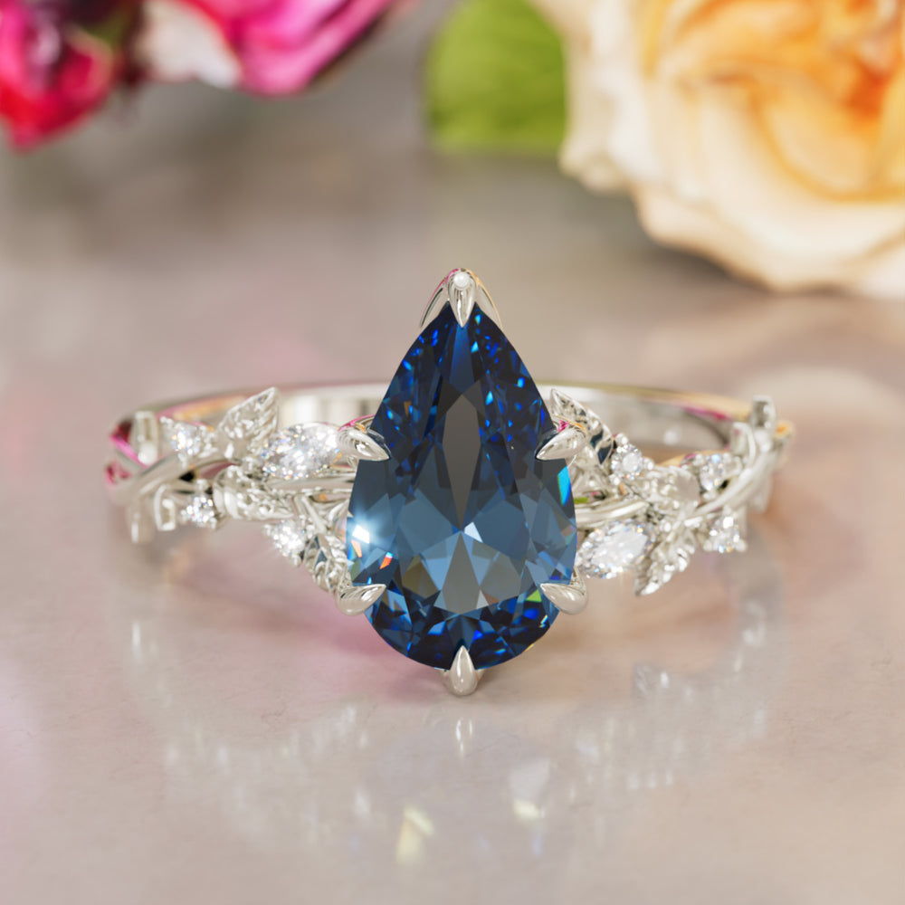 Rosewood Pear Blue Sapphire Engagement Flower Ring Nature Inspired By Valley Rose