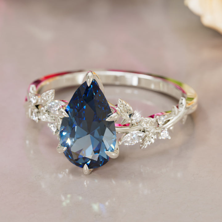Rosewood Pear Blue Sapphire Engagement Flower Ring Nature Inspired By Valley Rose
