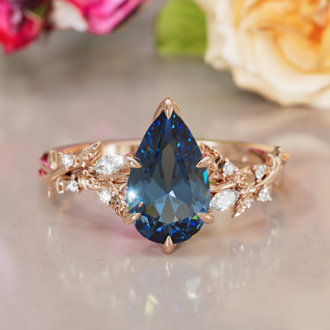 Rosewood Pear Blue Sapphire Engagement Flower Ring Nature Inspired By Valley Rose