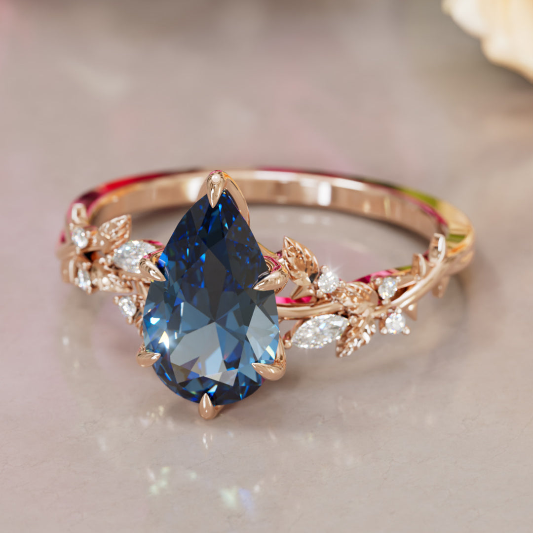 Rosewood Pear Blue Sapphire Engagement Flower Ring Nature Inspired By Valley Rose