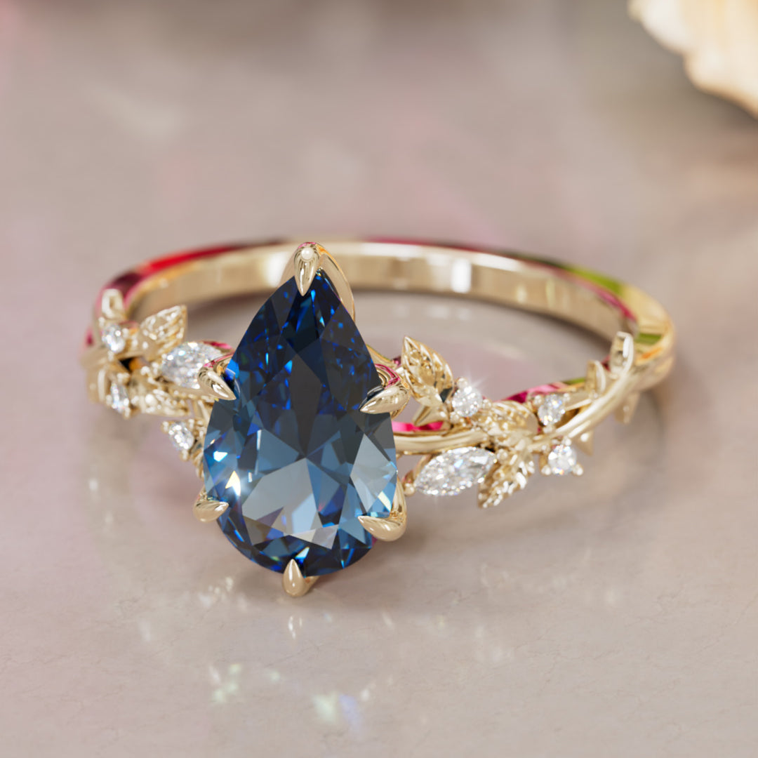 Rosewood Pear Blue Sapphire Engagement Flower Ring Nature Inspired By Valley Rose