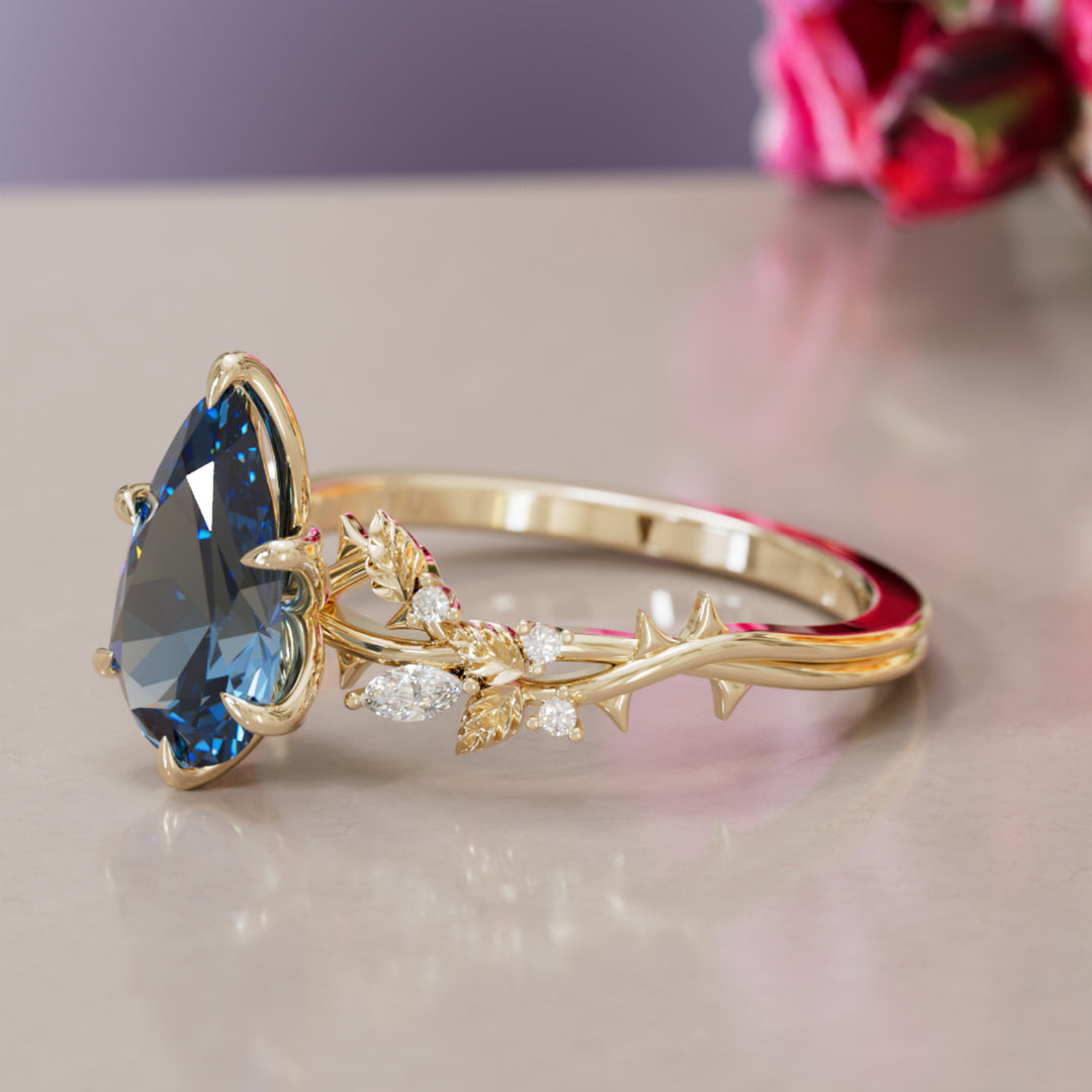 Rosewood Pear Blue Sapphire Engagement Flower Ring Nature Inspired By Valley Rose