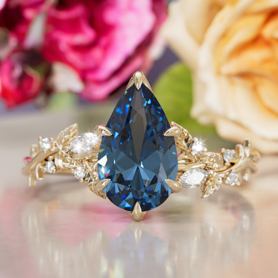 Rosewood Pear Blue Sapphire Engagement Flower Ring Nature Inspired By Valley Rose