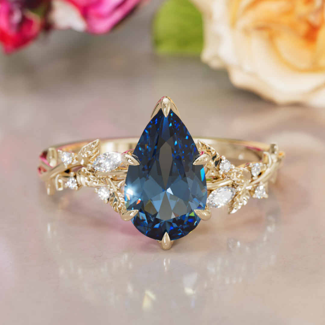Rosewood Pear Blue Sapphire Engagement Flower Ring Nature Inspired By Valley Rose