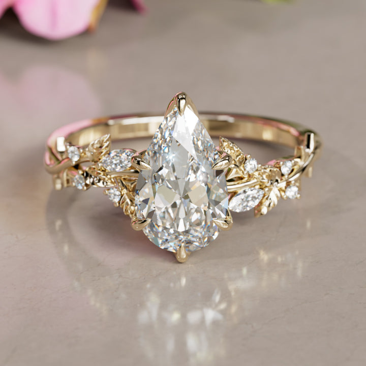 Rosewood Pear Diamond Engagement Flower Ring Nature Inspired By Valley Rose