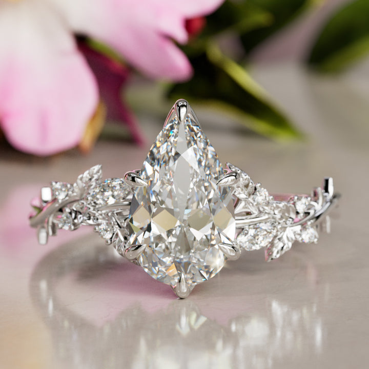 Rosewood Pear Diamond Engagement Flower Ring Nature Inspired By Valley Rose